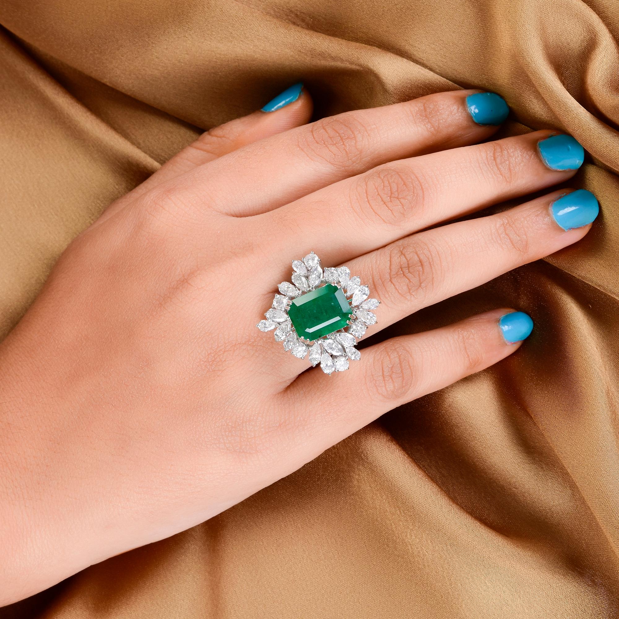 Women's Zambian Emerald Gemstone Cocktail Ring Diamond 14 Karat White Gold Fine Jewelry For Sale