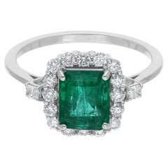 Zambianischer Smaragd-Edelstein-Cocktailring aus 14 Karat Weißgold mit Diamanten