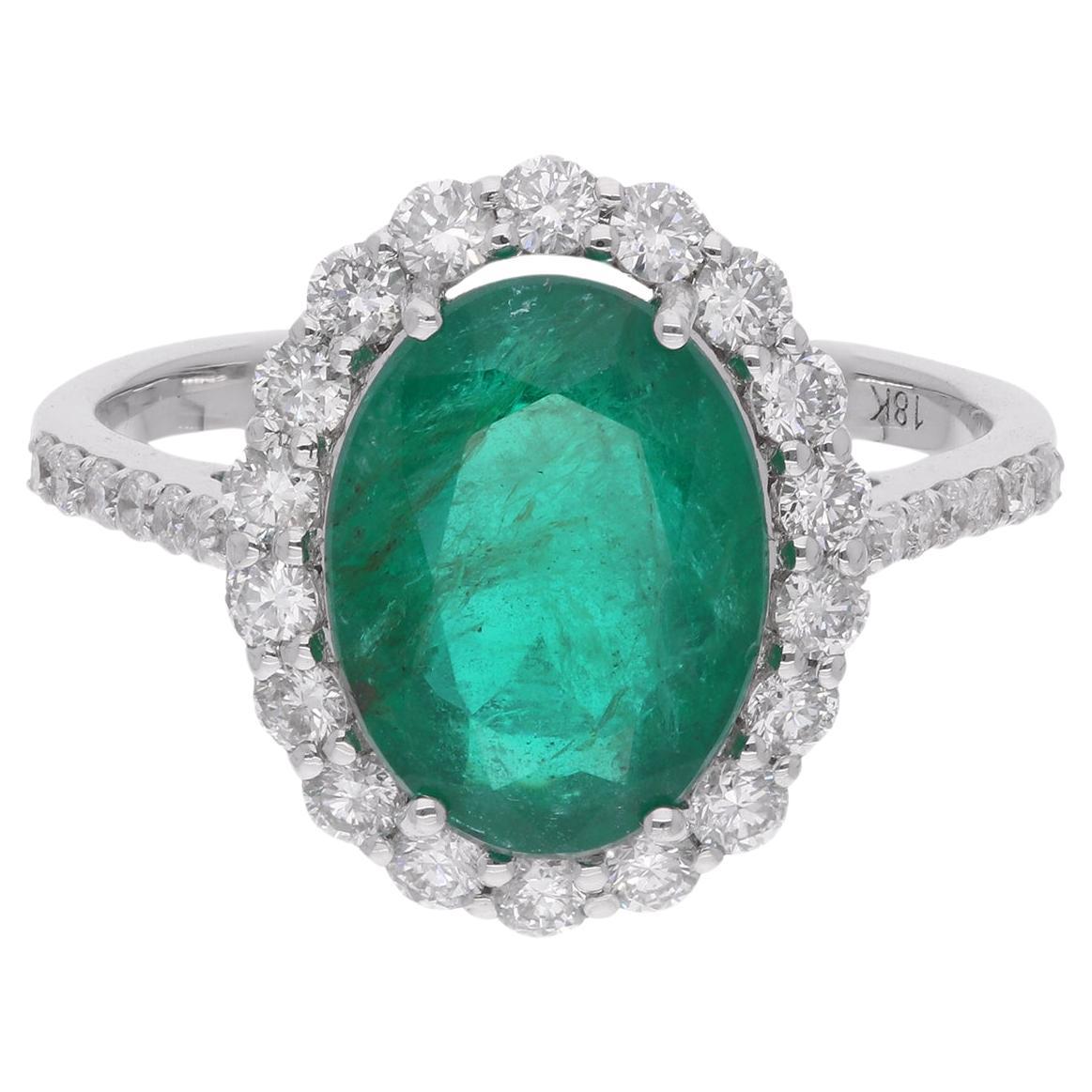 Zambian Emerald Gemstone Cocktail Ring Diamond 14 Karat White Gold Fine Jewelry For Sale