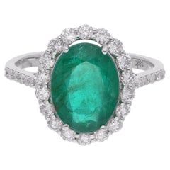 Zambian Emerald Gemstone Cocktail Ring Diamond 14 Karat White Gold Fine Jewelry