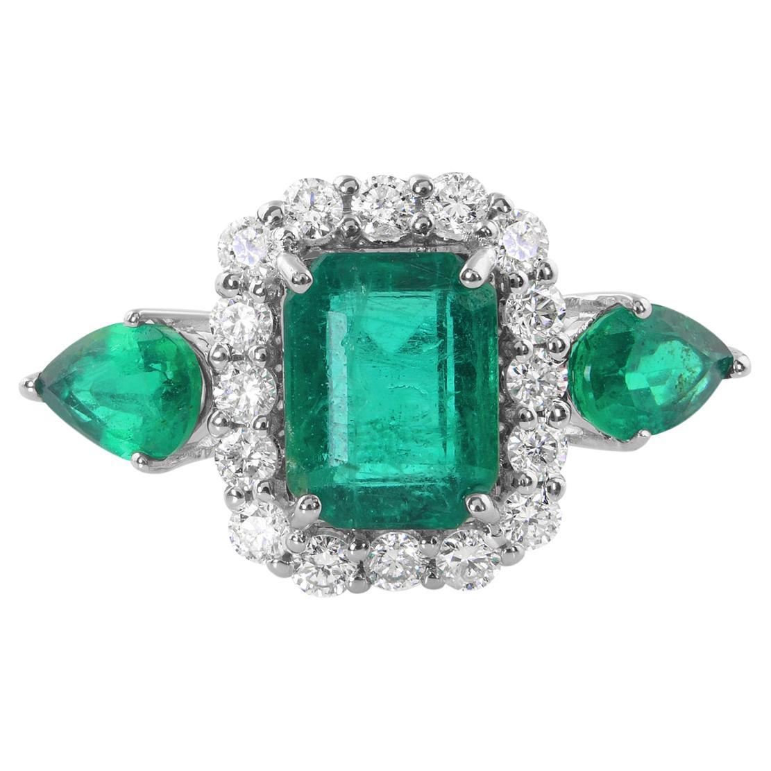 Zambian Emerald Gemstone Cocktail Ring Diamond 14 Karat White Gold Fine Jewelry