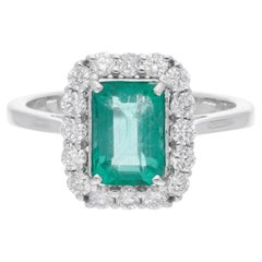 Zambian Emerald Gemstone Cocktail Ring Diamond 14 Karat White Gold Fine Jewelry