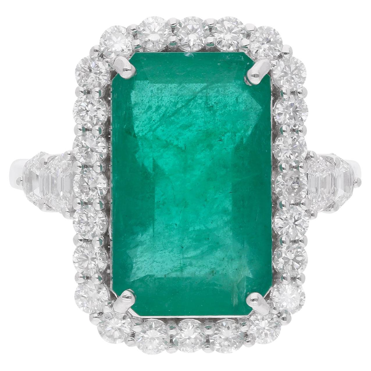 For Sale:  14K White Gold 8.26 Ctw Zambian Emerald 
Halo Diamond Cocktail Ring