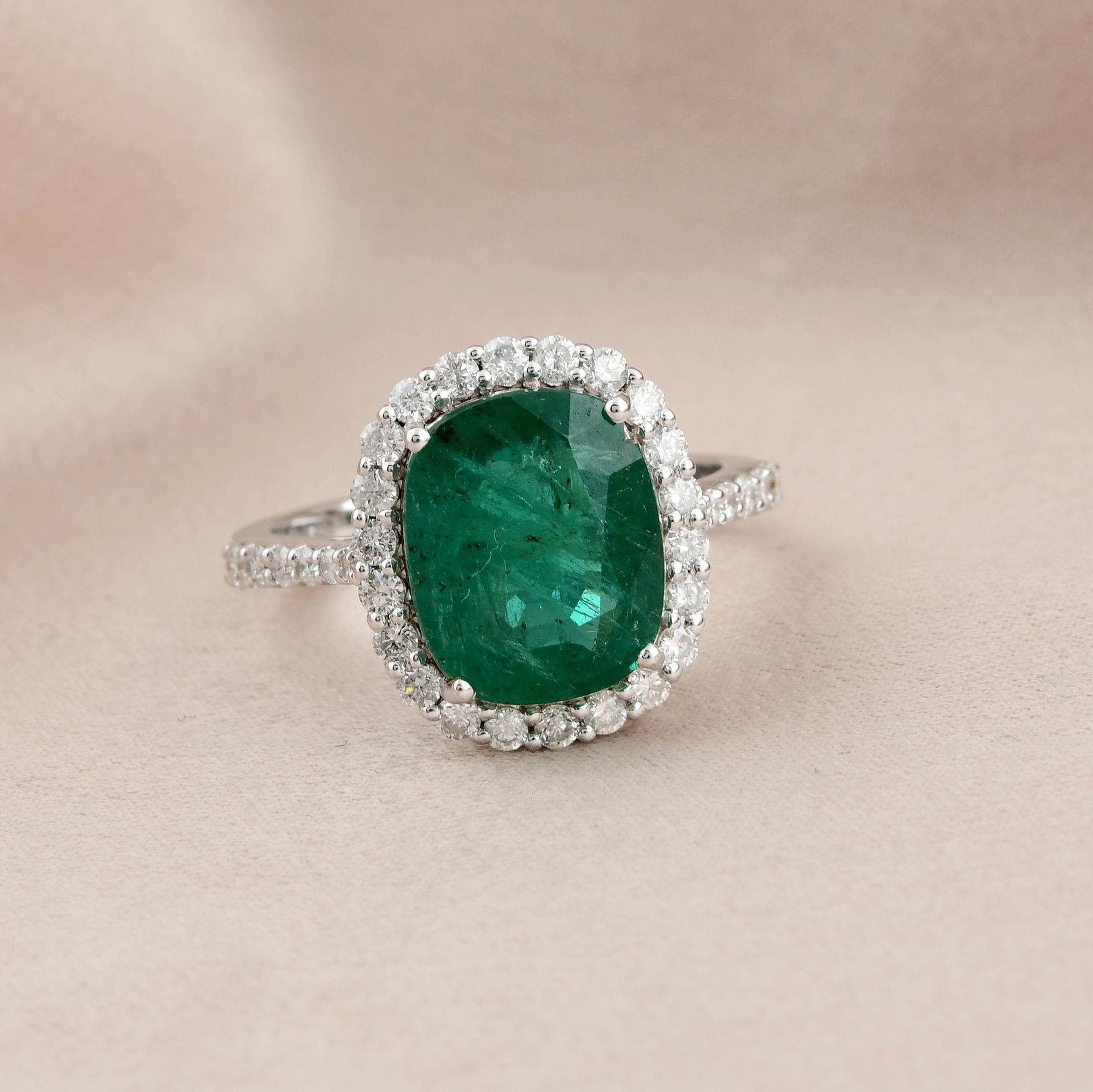Oval Cut Zambian Emerald Gemstone Cocktail Ring Diamond 14 Kt White Gold Handmade Jewelry For Sale