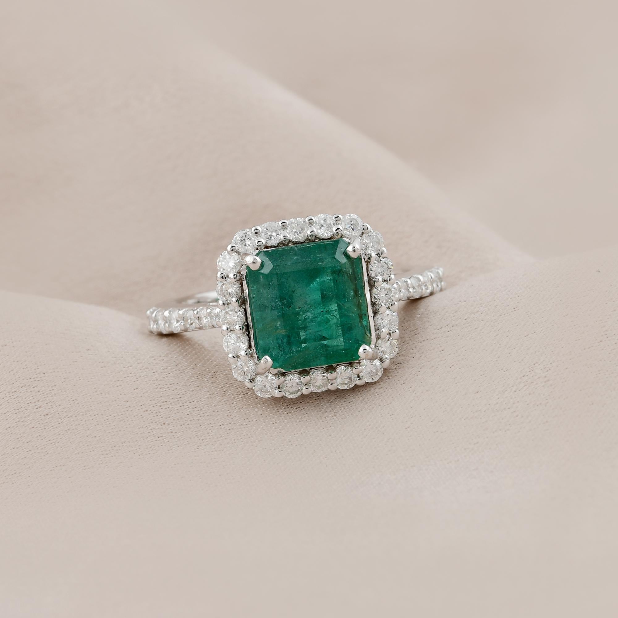 Emerald Cut Zambian Emerald Gemstone Cocktail Ring Diamond 14 Kt White Gold Handmade Jewelry For Sale