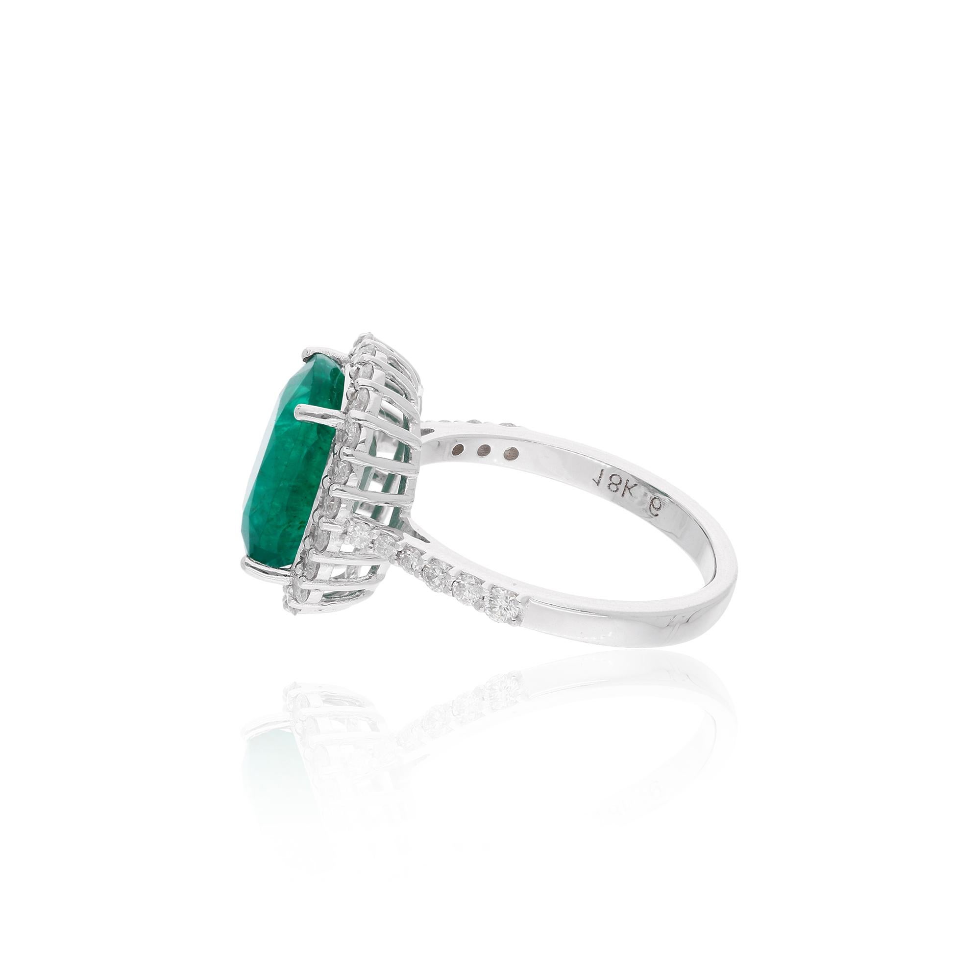 Women's Zambian Emerald Gemstone Cocktail Ring Diamond 14 Kt White Gold Handmade Jewelry For Sale