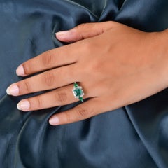 Zambian Emerald Gemstone Cocktail Ring Diamond 18 Karat White Gold Fine Jewelry