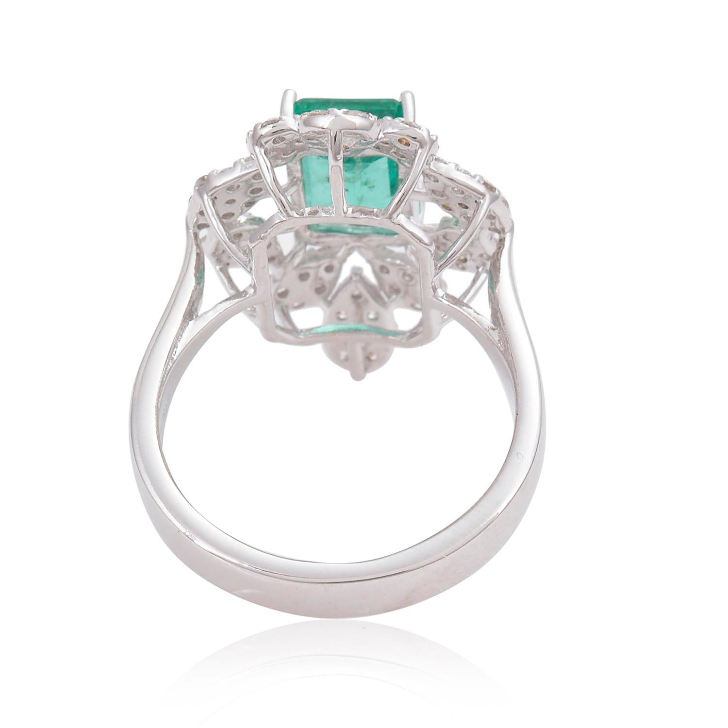 Modern Zambian Emerald Gemstone Cocktail Ring Diamond 18 Karat White Gold Fine Jewelry For Sale