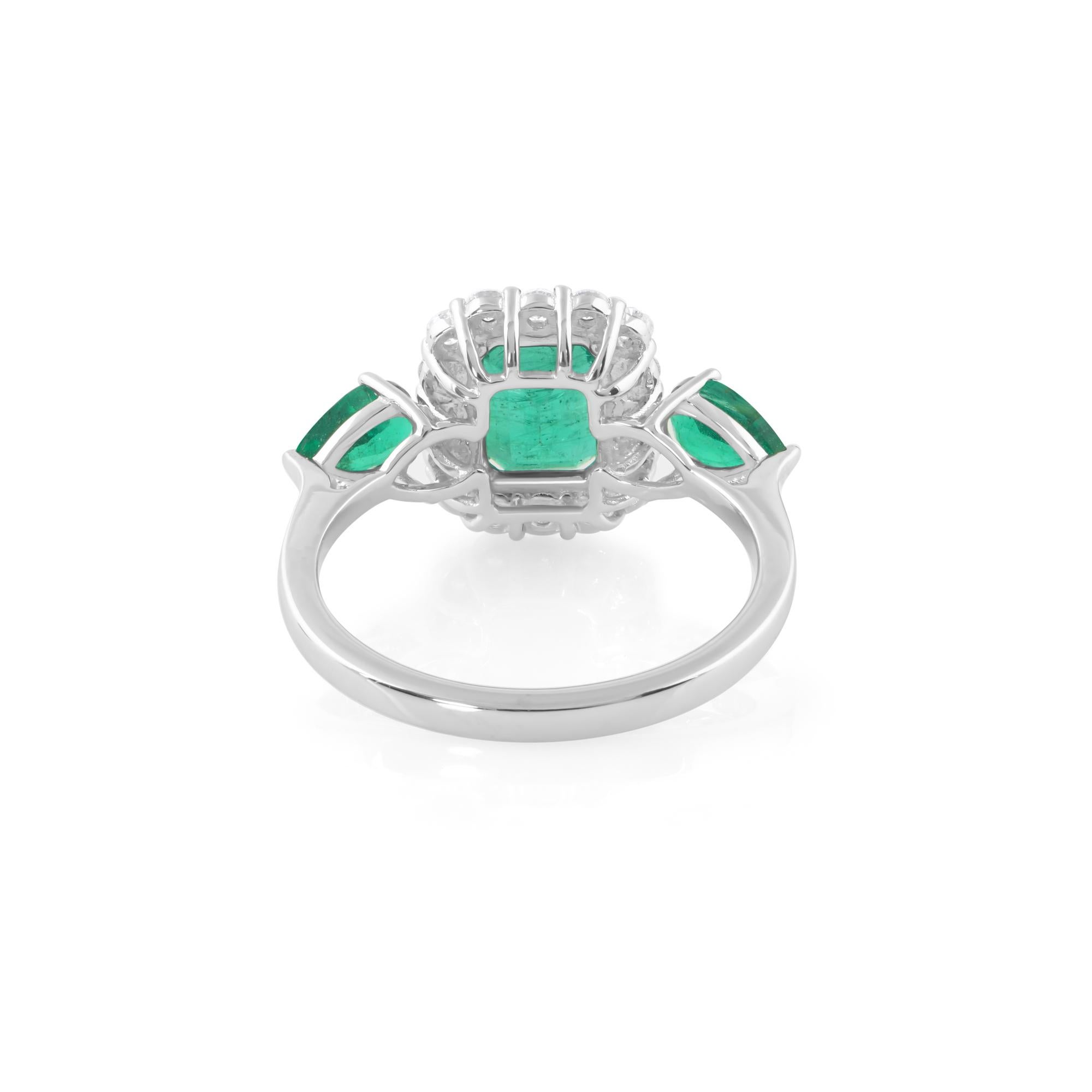 Modern Zambian Emerald Gemstone Cocktail Ring Diamond 18 Karat White Gold Fine Jewelry For Sale