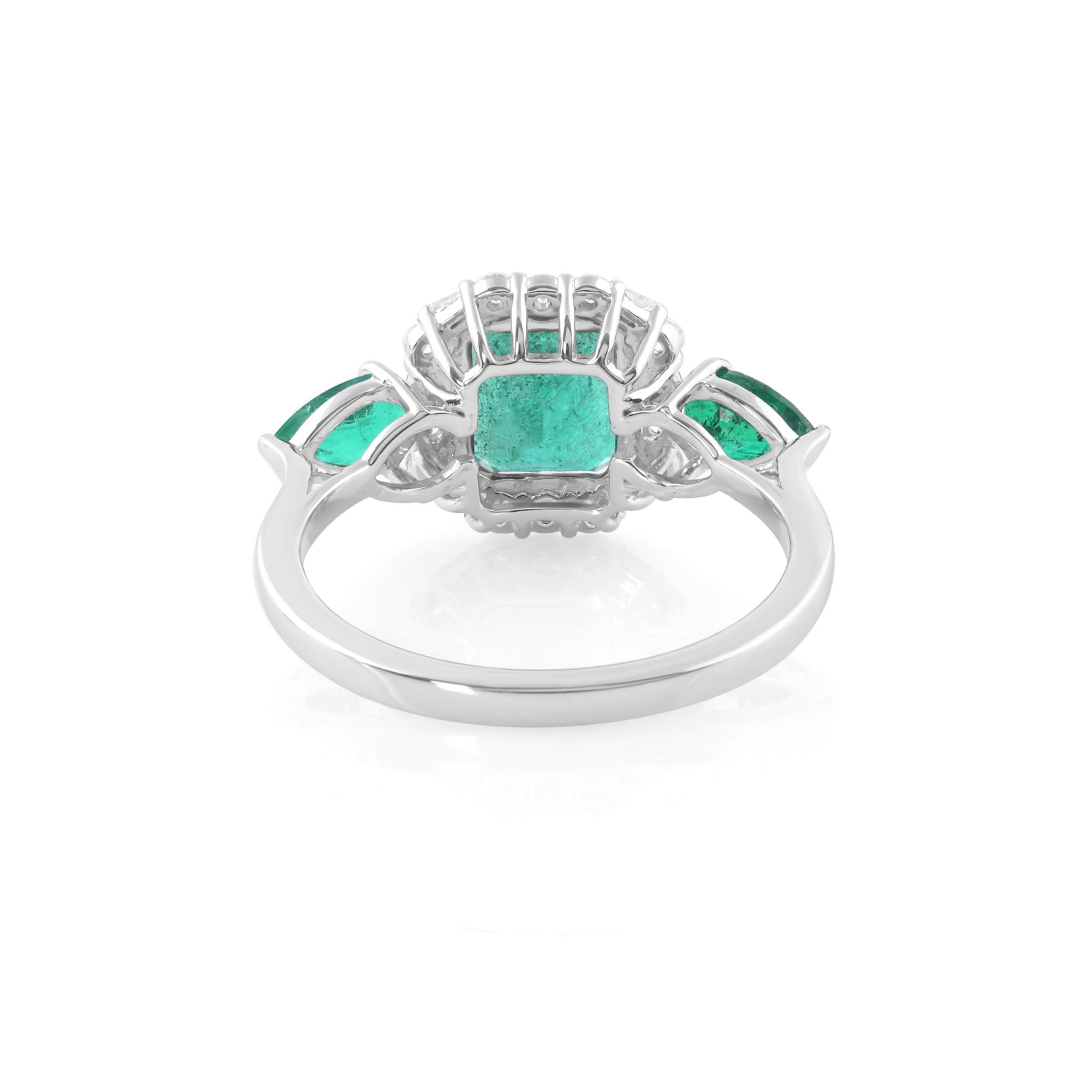 Modern Zambian Emerald Gemstone Cocktail Ring Diamond 14 Karat White Gold Fine Jewelry For Sale