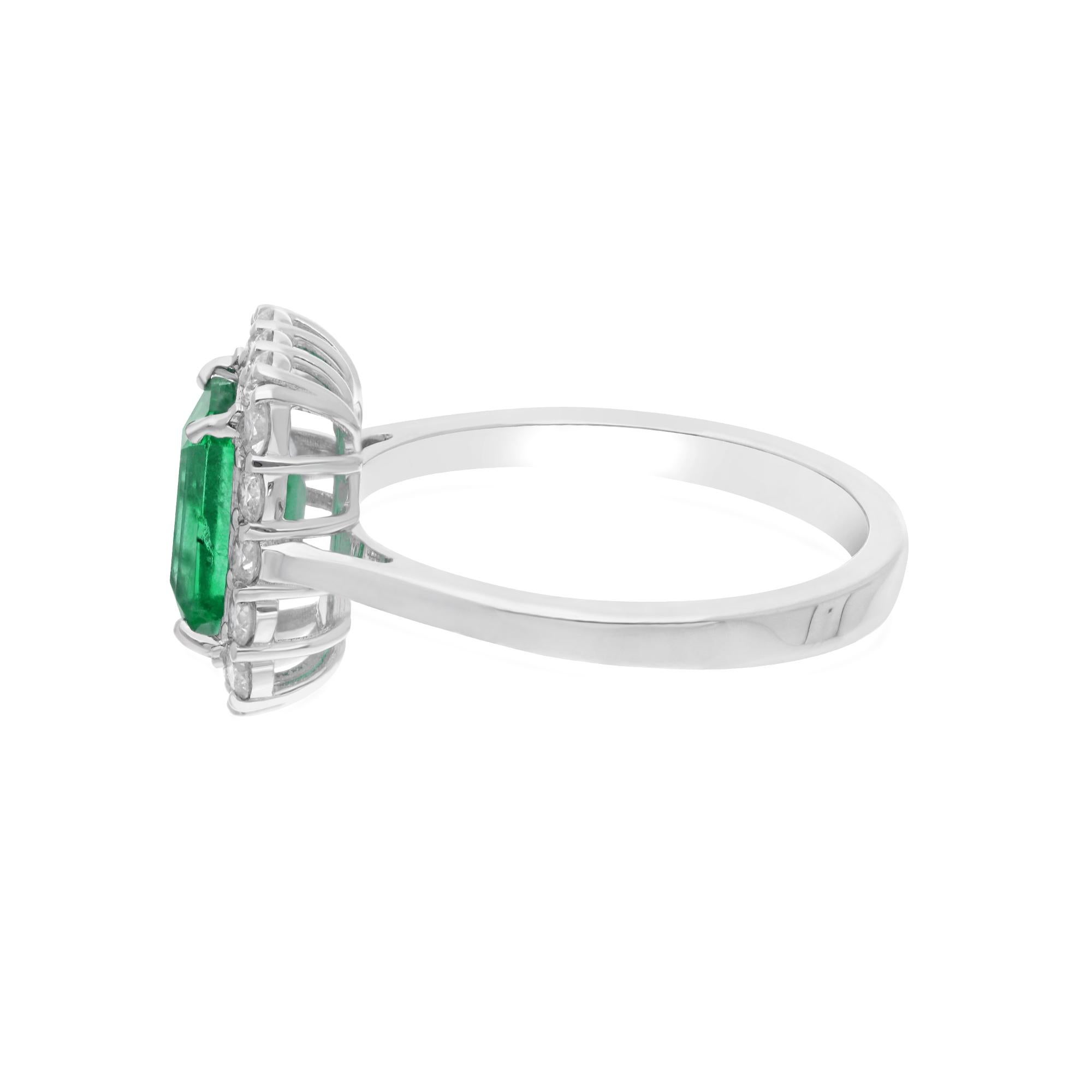 Modern Zambian Emerald Gemstone Cocktail Ring Diamond 18 Karat White Gold Fine Jewelry For Sale