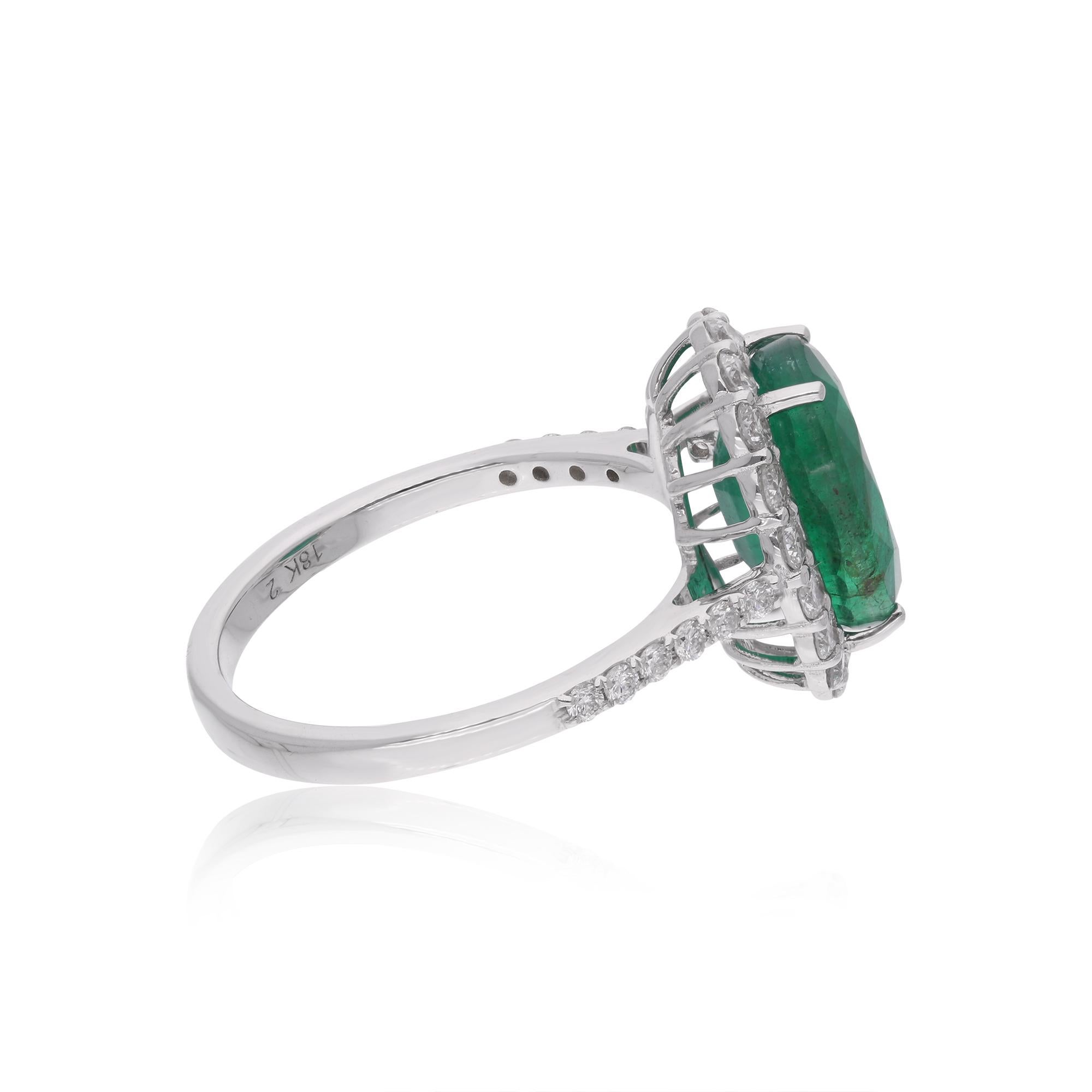 Modern Zambian Emerald Gemstone Cocktail Ring Diamond 18 Karat White Gold Fine Jewelry For Sale
