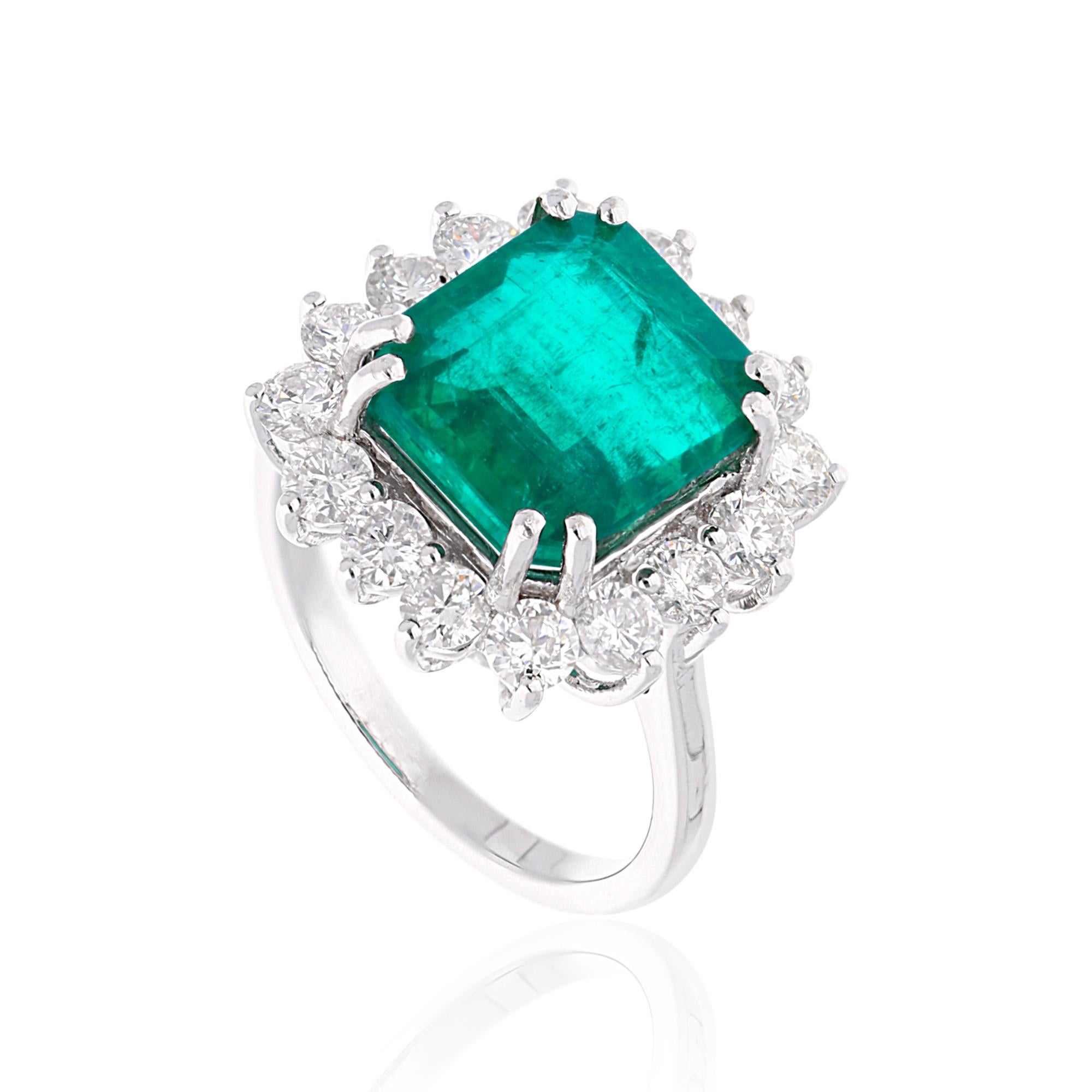 Emerald Cut Natural Emerald Gemstone Cocktail Ring Diamond 18 Karat White Gold Fine Jewelry For Sale