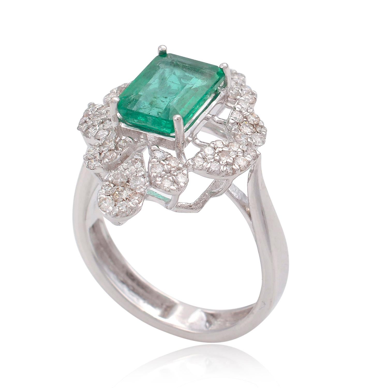 Emerald Cut Zambian Emerald Gemstone Cocktail Ring Diamond 18 Karat White Gold Fine Jewelry For Sale