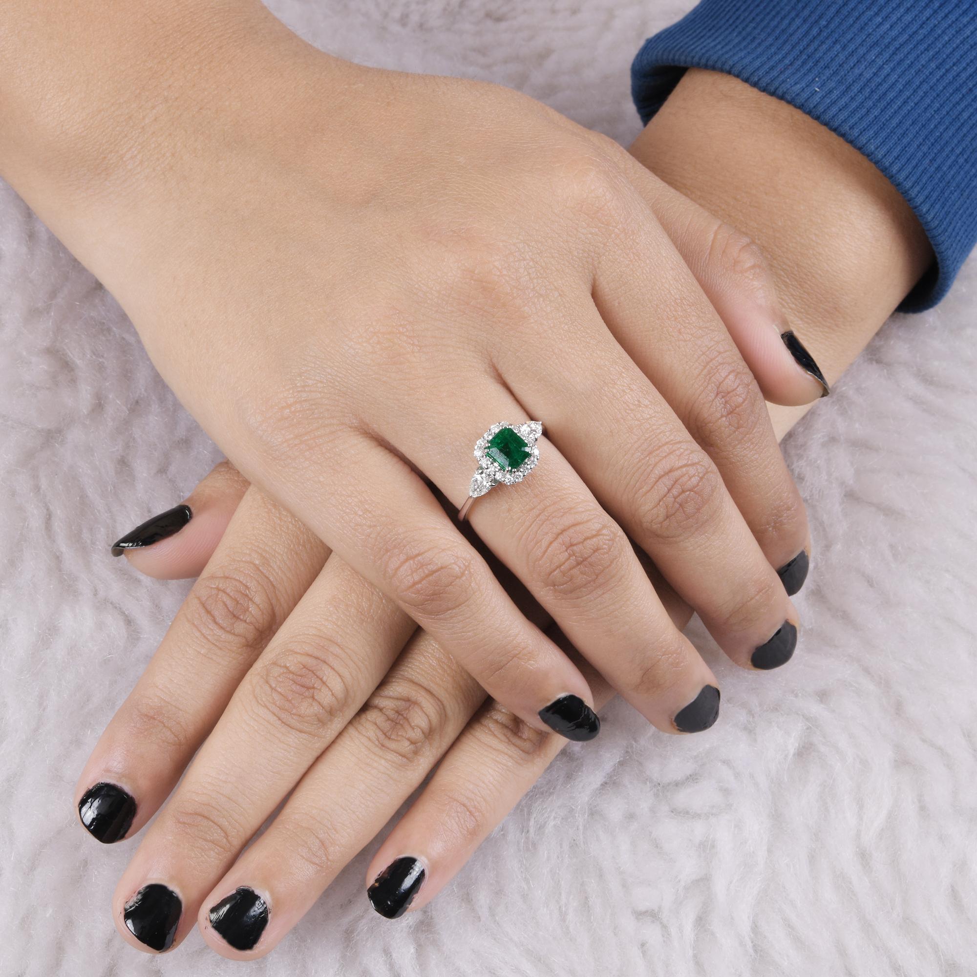 Emerald Cut Zambian Emerald Gemstone Cocktail Ring Diamond 18 Karat White Gold Fine Jewelry For Sale