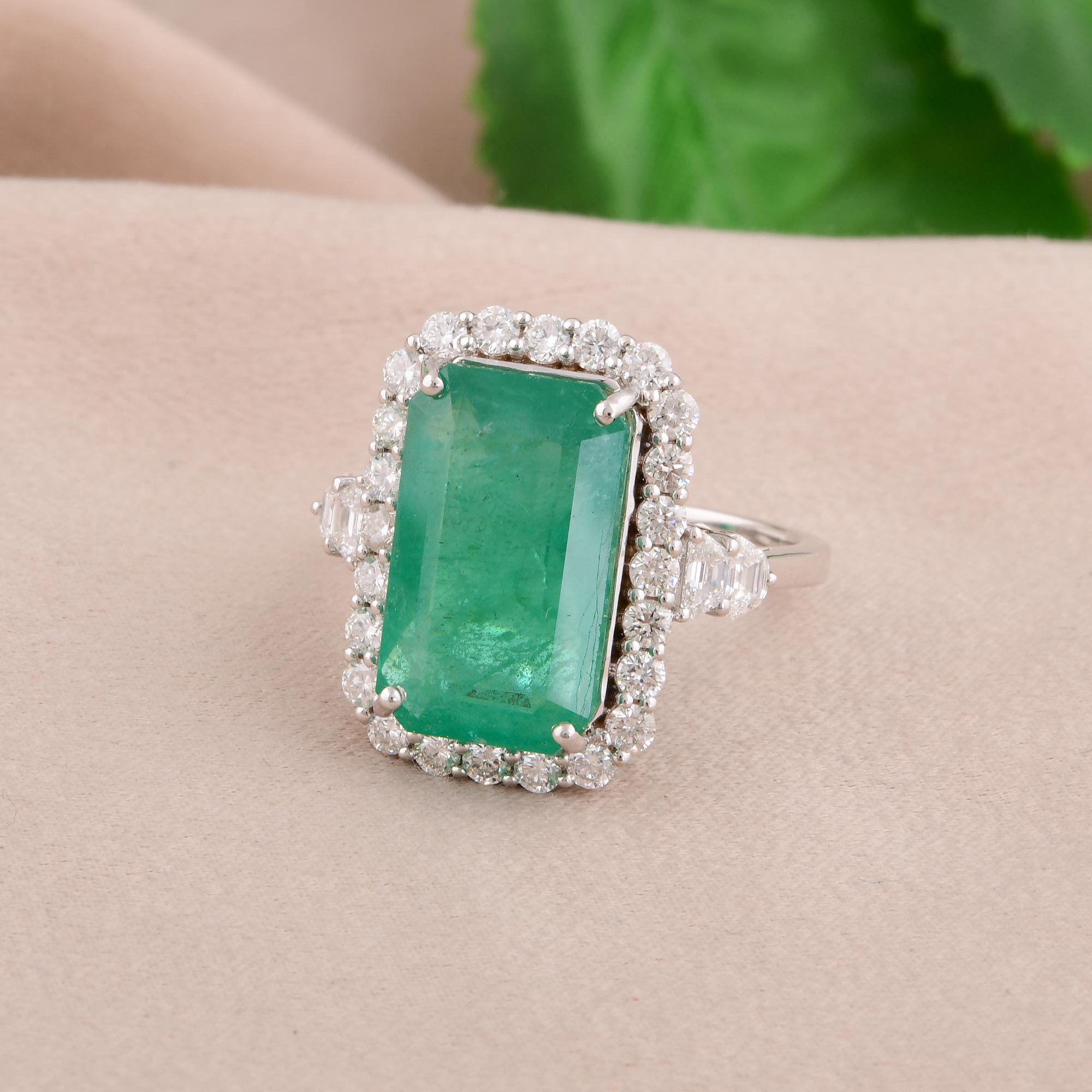 Octagon Cut Zambian Emerald Gemstone Cocktail Ring Diamond 18 Karat White Gold Fine Jewelry For Sale