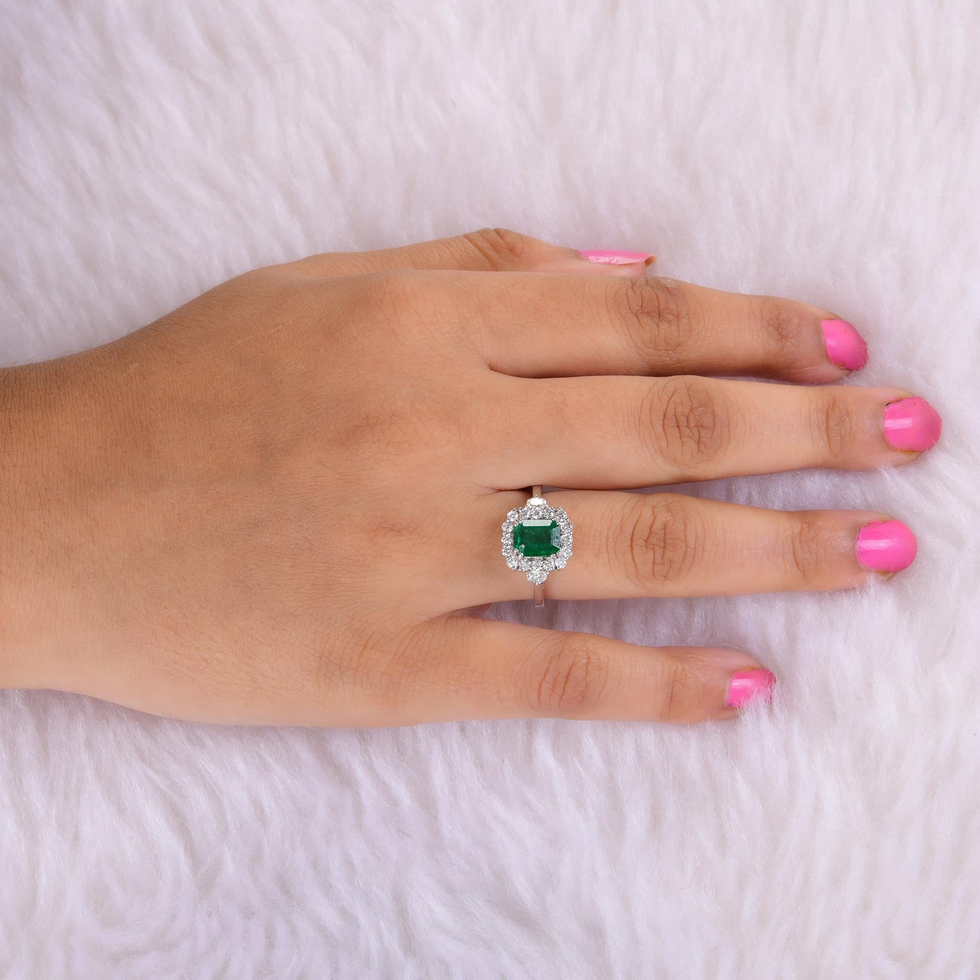 Octagon Cut Zambian Emerald Gemstone Cocktail Ring Diamond 18 Karat White Gold Fine Jewelry For Sale