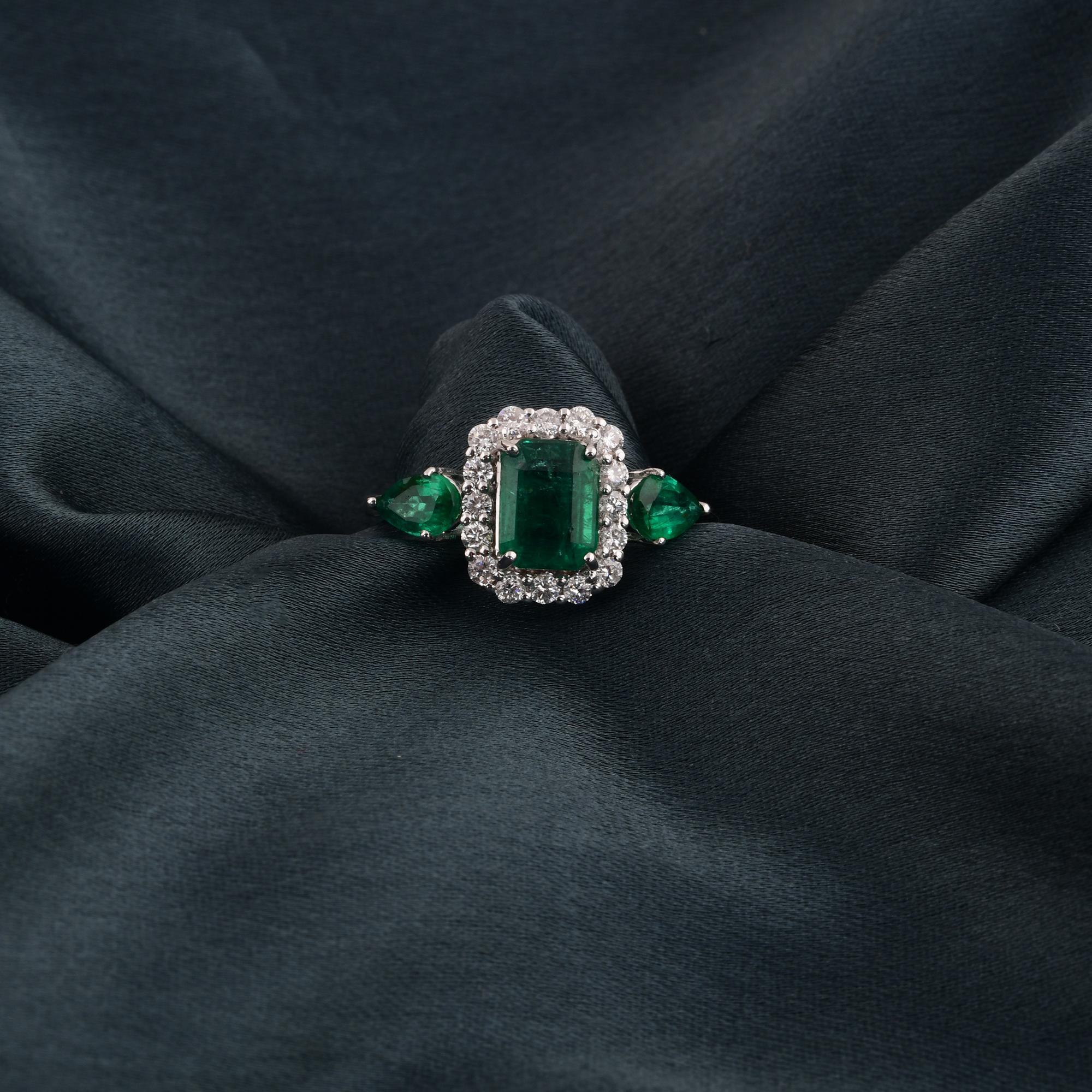 Emerald Cut Zambian Emerald Gemstone Cocktail Ring Diamond 18 Karat White Gold Fine Jewelry For Sale