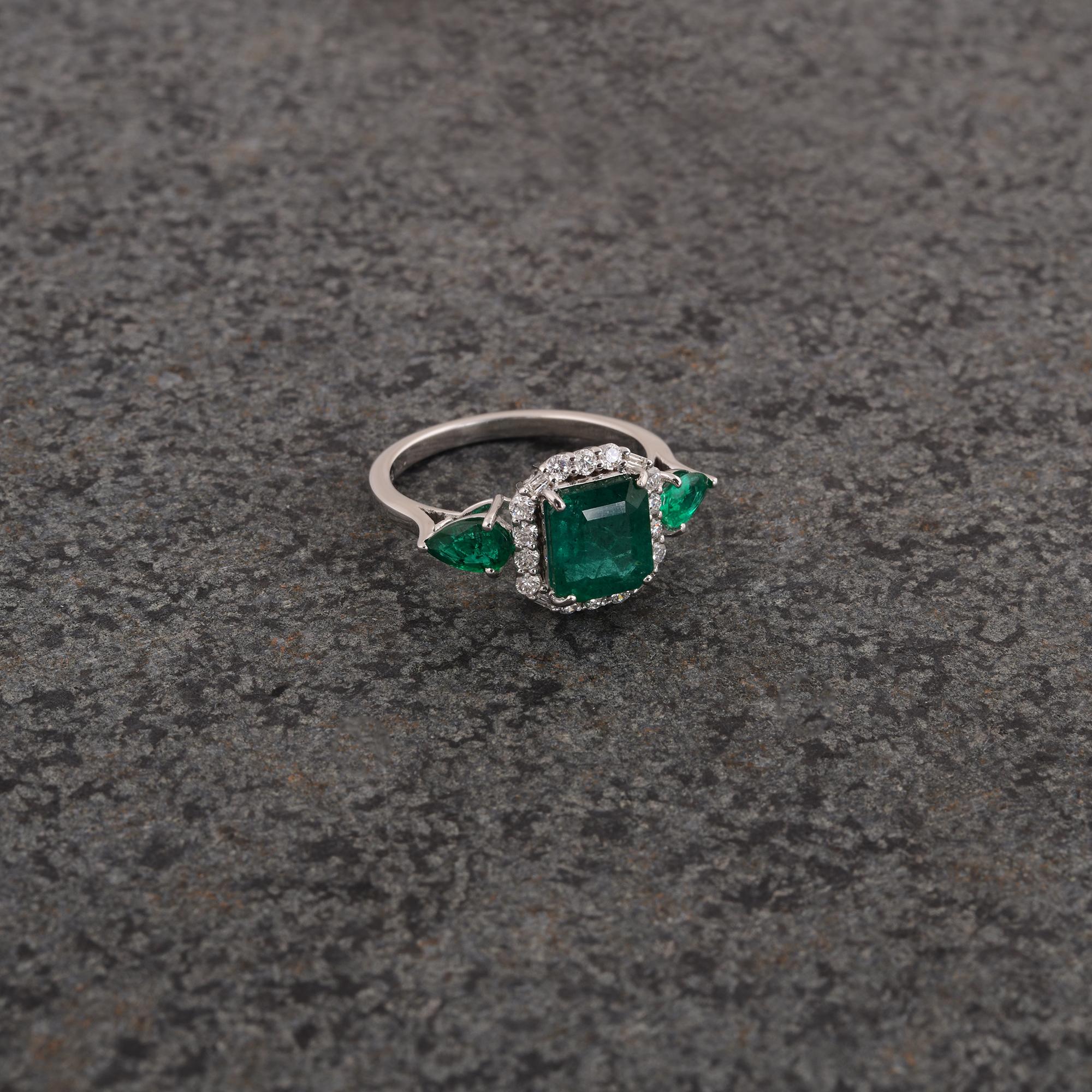 Pear Cut Zambian Emerald Gemstone Cocktail Ring Diamond 14 Karat White Gold Fine Jewelry For Sale