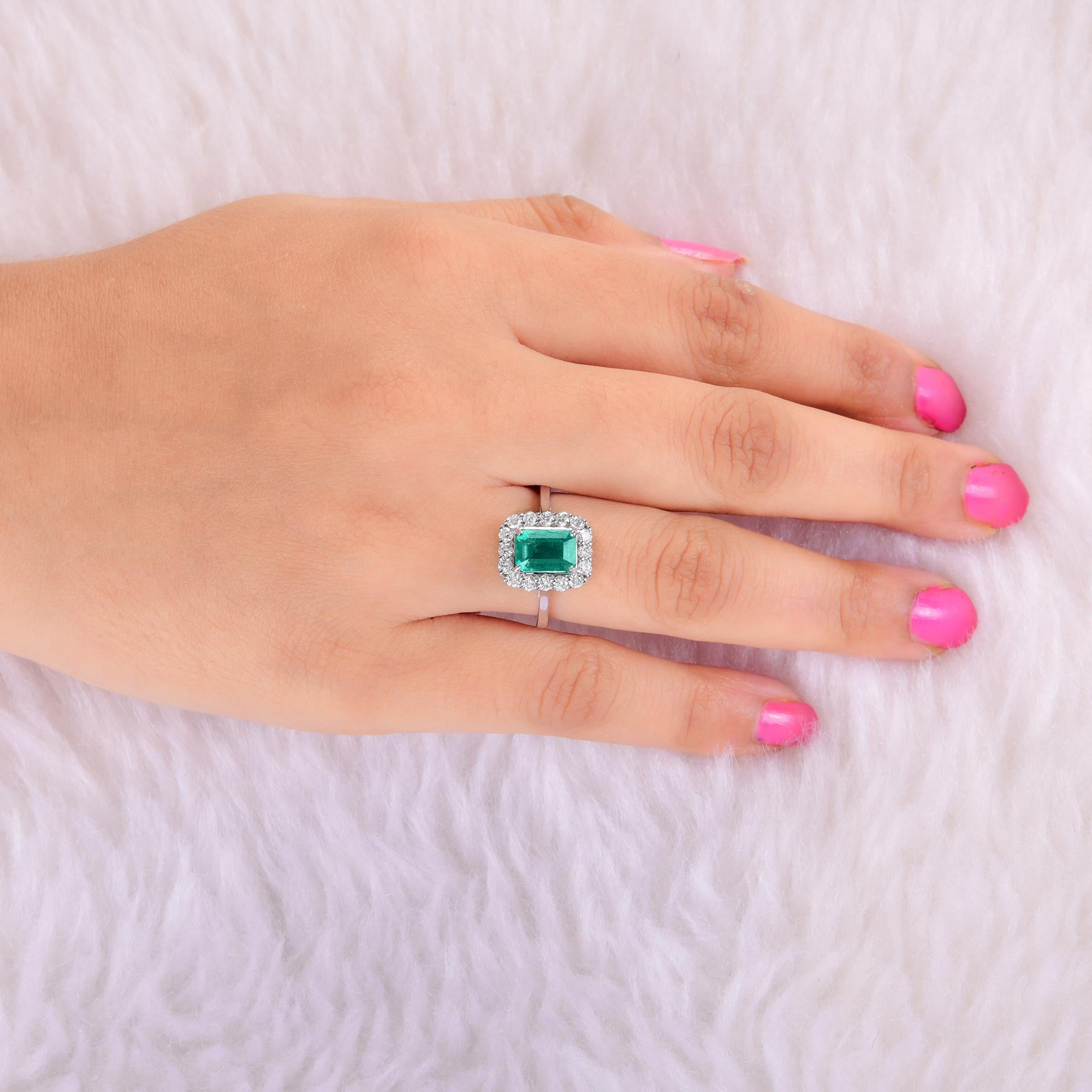 Octagon Cut Zambian Emerald Gemstone Cocktail Ring Diamond 18 Karat White Gold Fine Jewelry For Sale