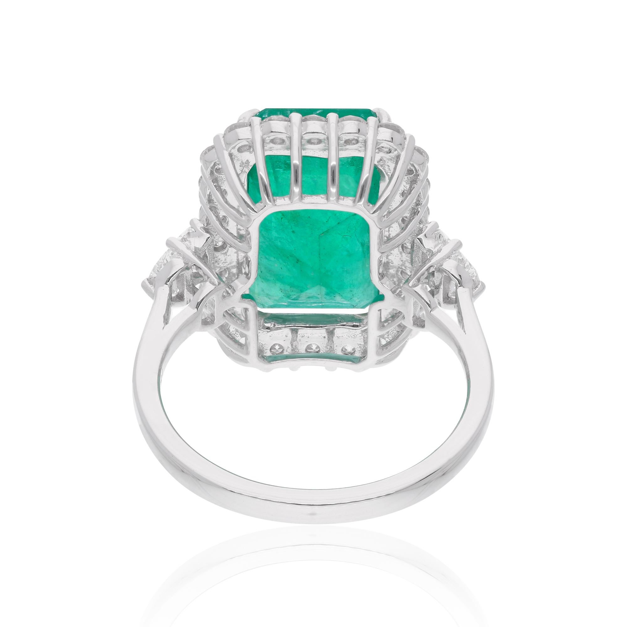 Women's Zambian Emerald Gemstone Cocktail Ring Diamond 18 Karat White Gold Fine Jewelry For Sale
