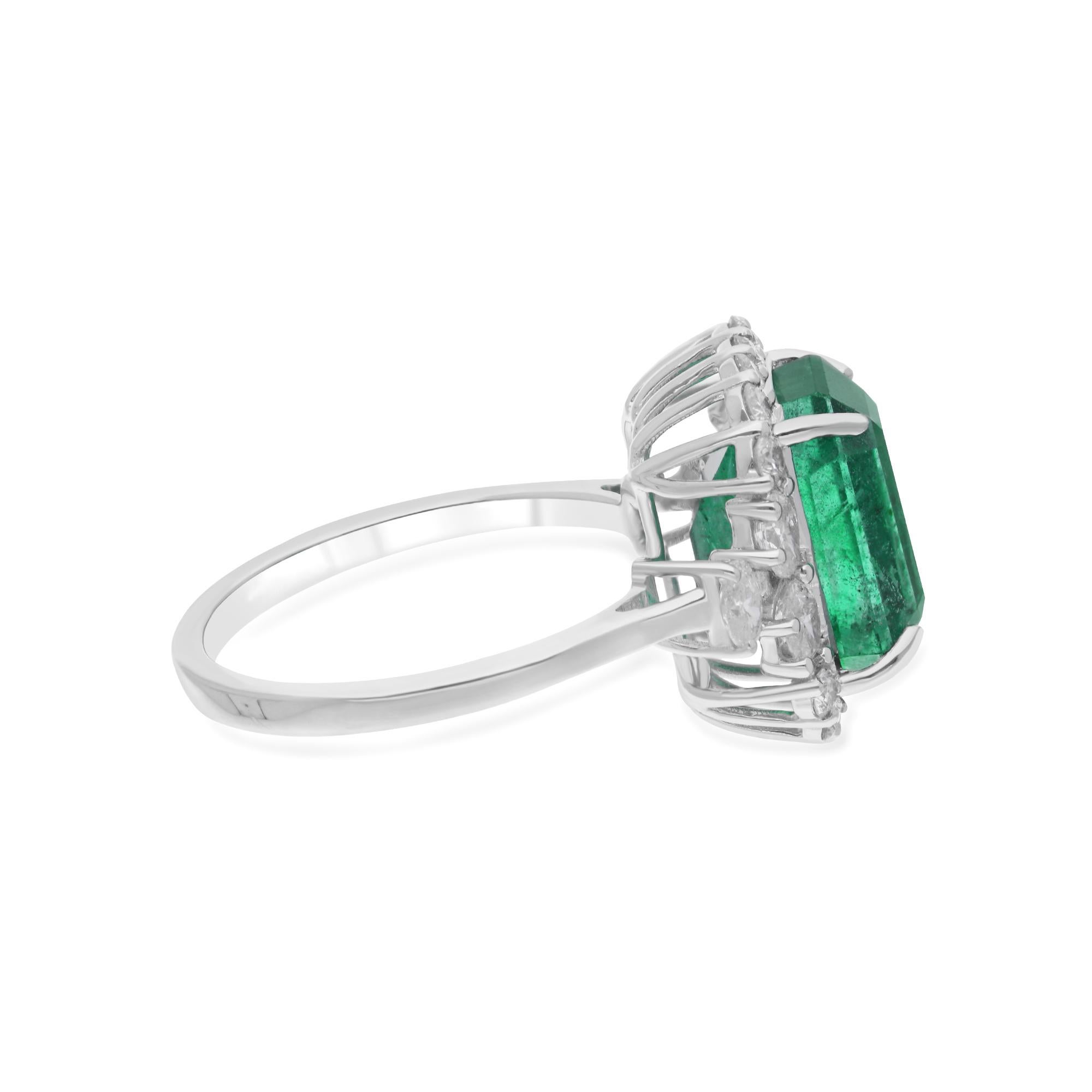 Women's Zambian Emerald Gemstone Cocktail Ring Diamond 18 Karat White Gold Fine Jewelry For Sale