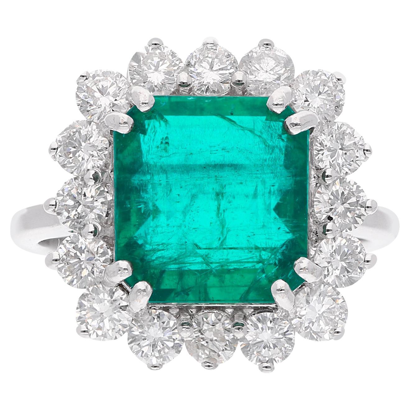Natural Emerald Gemstone Cocktail Ring Diamond 18 Karat White Gold Fine Jewelry