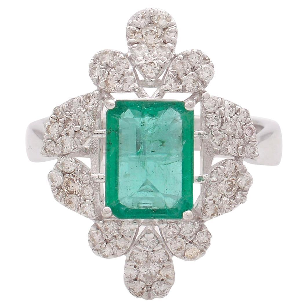 Zambian Emerald Gemstone Cocktail Ring Diamond 18 Karat White Gold Fine Jewelry