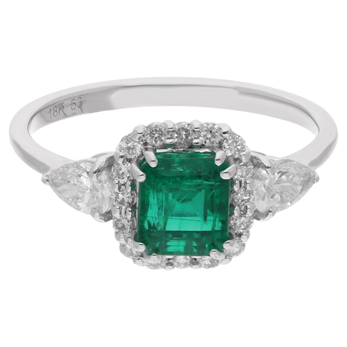 Zambian Emerald Gemstone Cocktail Ring Diamond 18 Karat White Gold Fine Jewelry