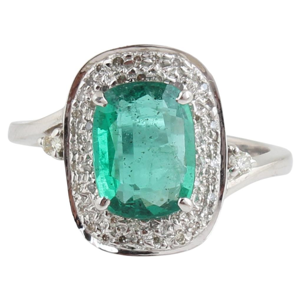 Zambian Emerald Gemstone Cocktail Ring Diamond 18 Karat White Gold Fine Jewelry For Sale