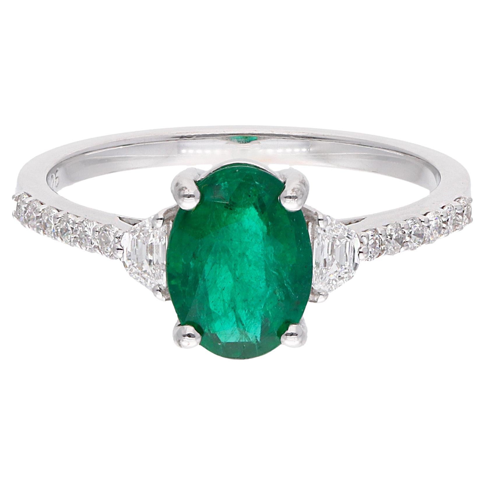 Zambian Emerald Gemstone Cocktail Ring Diamond 18 Solid Karat White Gold Jewelry For Sale