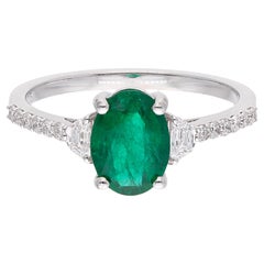 Zambian Emerald Gemstone Cocktail Ring Diamond 18 Solid Karat White Gold Jewelry