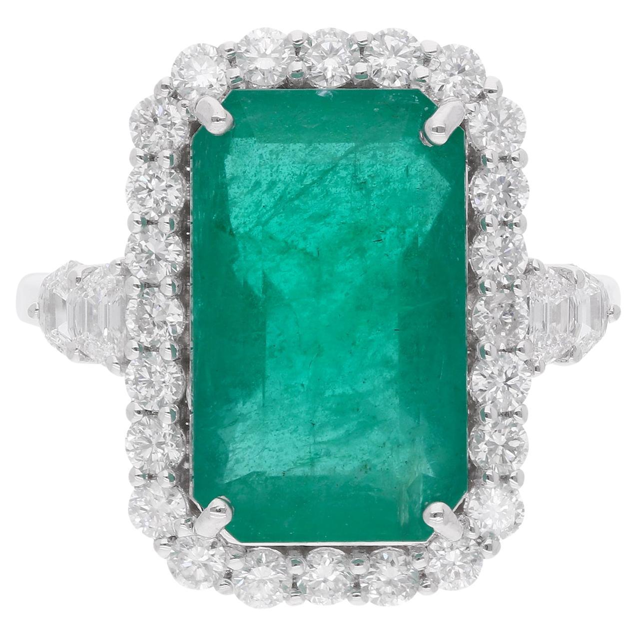 Zambian Emerald Gemstone Cocktail Ring Diamond 18 Karat White Gold Fine Jewelry For Sale