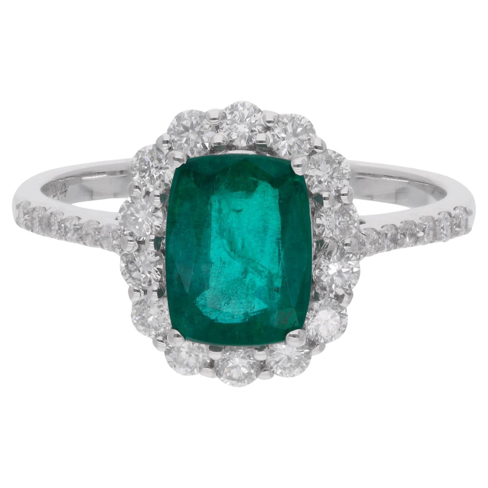 Zambian Emerald Gemstone Cocktail Ring Diamond 18 Karat White Gold Fine Jewelry