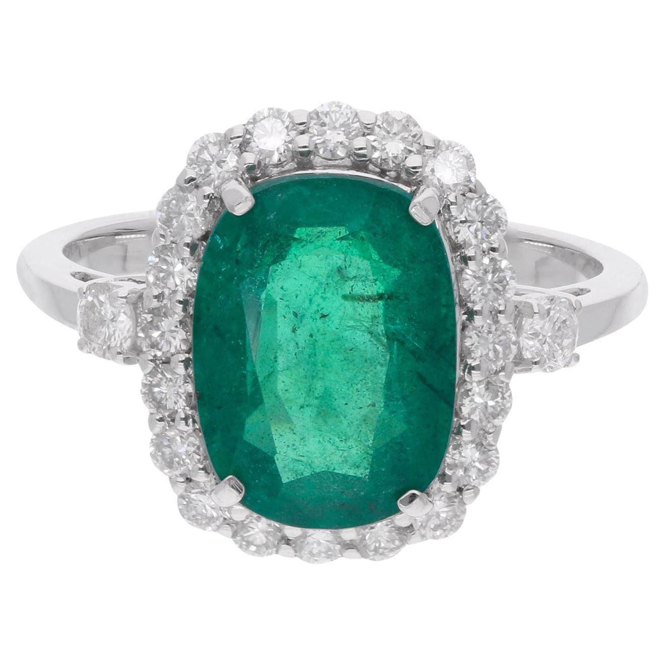 Zambian Emerald Gemstone Cocktail Ring Diamond 18 Karat White Gold Fine Jewelry For Sale