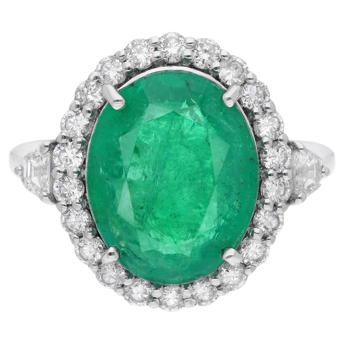 Zambian Emerald Gemstone Cocktail Ring Diamond 18 Karat White Gold Fine Jewelry For Sale