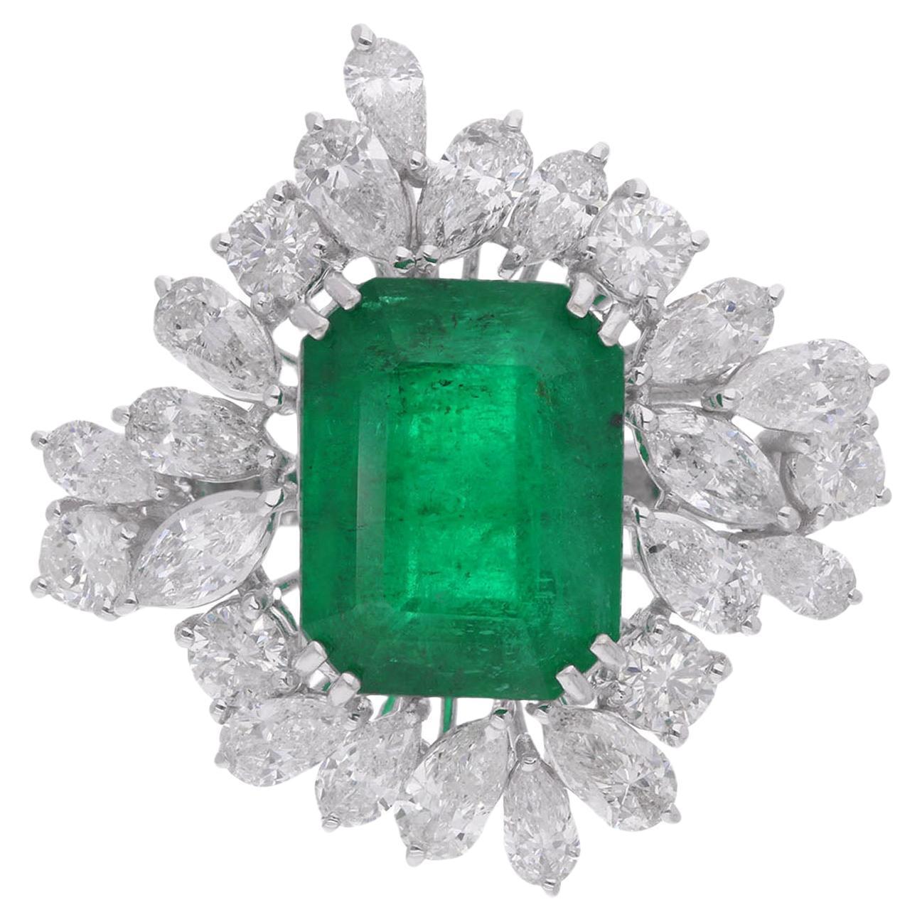 Zambian Emerald Gemstone Cocktail Ring Diamond 18 Karat White Gold Fine Jewelry For Sale