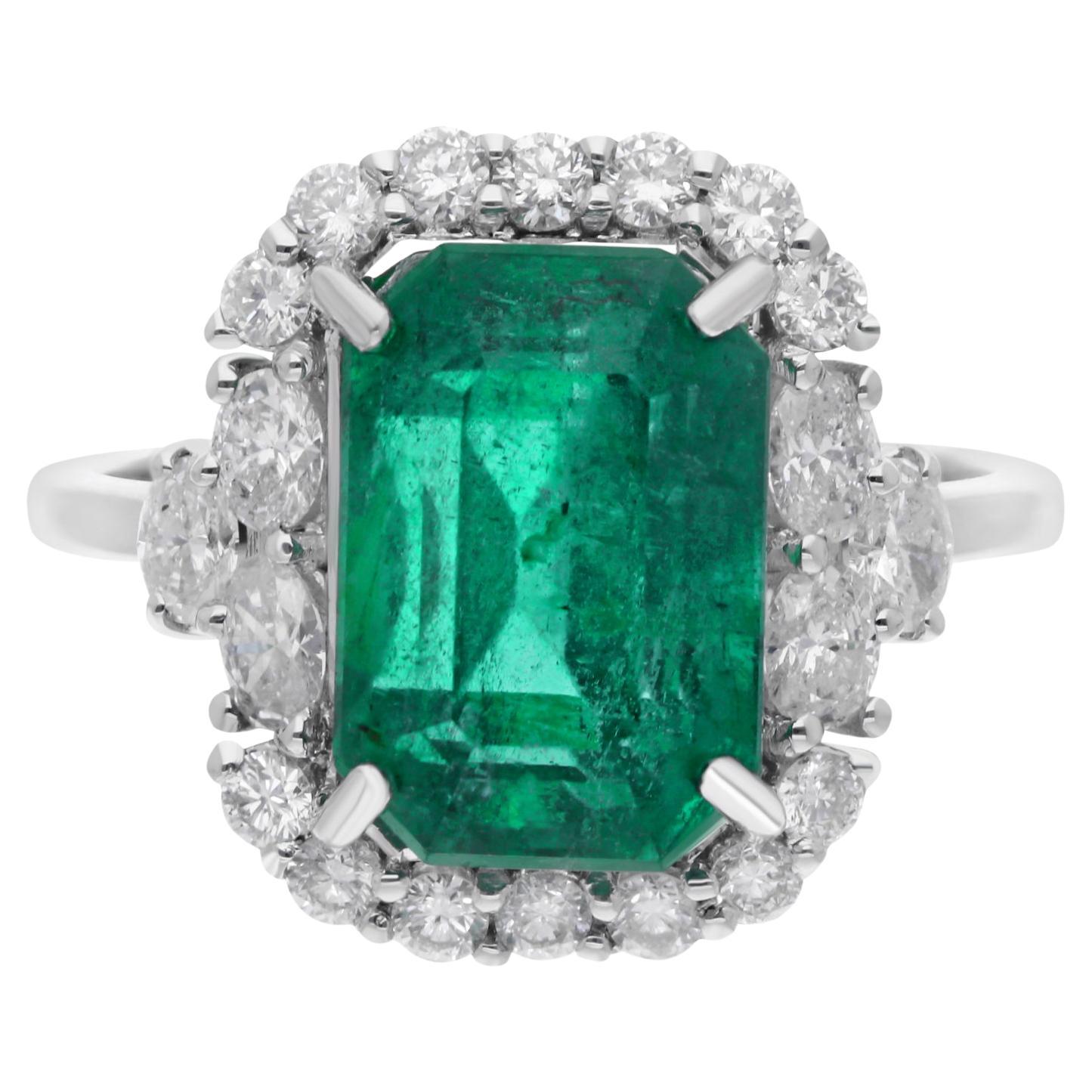 Zambian Emerald Gemstone Cocktail Ring Diamond 18 Karat White Gold Fine Jewelry For Sale