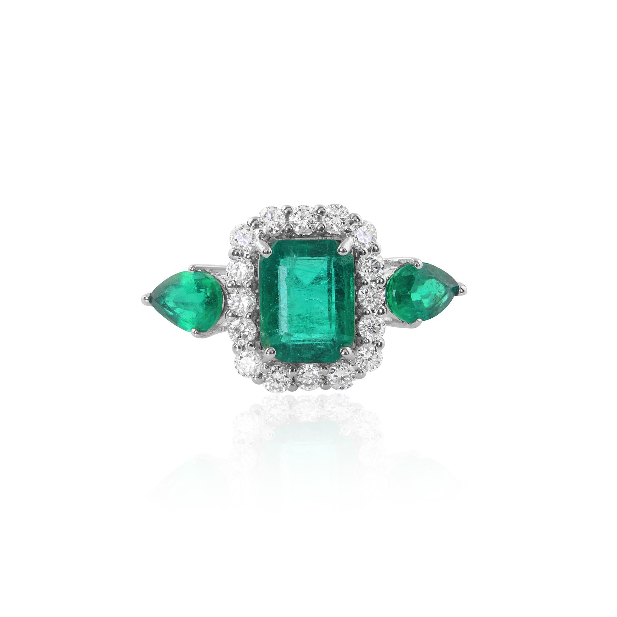 Zambian Emerald Gemstone Cocktail Ring Diamond 18 Karat White Gold Fine Jewelry