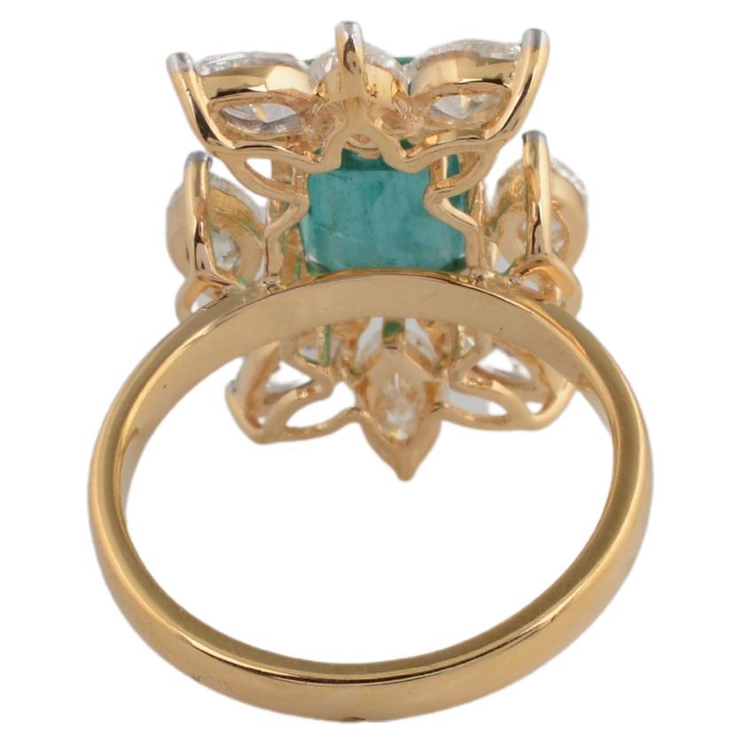 Emerald Cut Natural Emerald Gemstone Cocktail Ring Diamond 18 Karat Yellow Gold Fine Jewelry For Sale