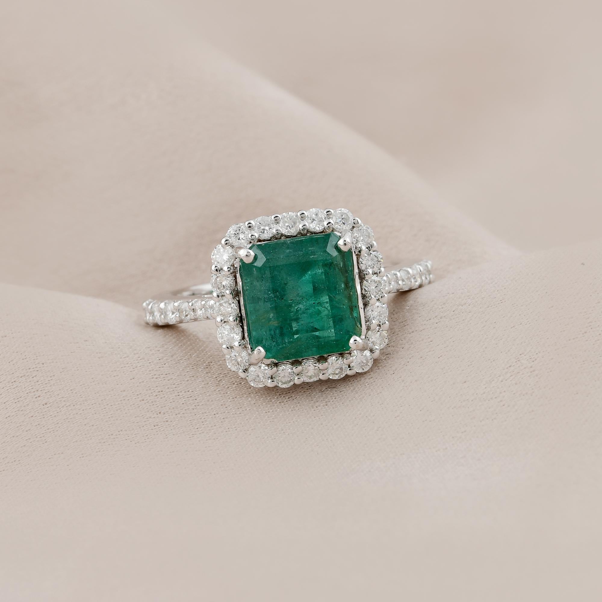 Emerald Cut Zambian Emerald Gemstone Cocktail Ring Diamond 18 Kt White Gold Handmade Jewelry For Sale