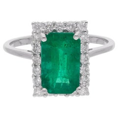 Zambian Emerald Gemstone Cocktail Ring Diamond 18k White Gold Fine Jewelry HRD