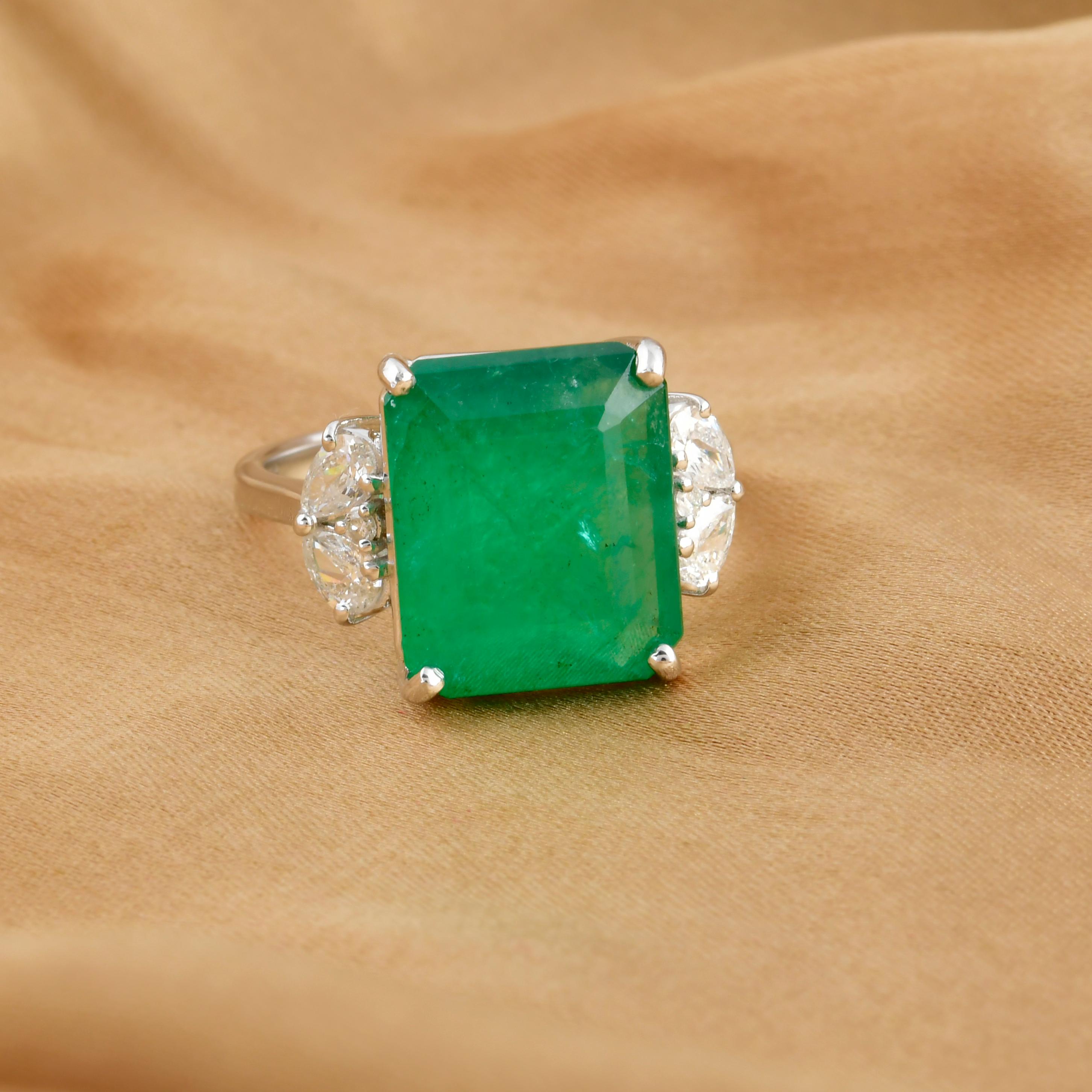 Emerald Cut Zambian Emerald Gemstone Cocktail Ring Diamond 18k White Gold Handmade Jewelry For Sale
