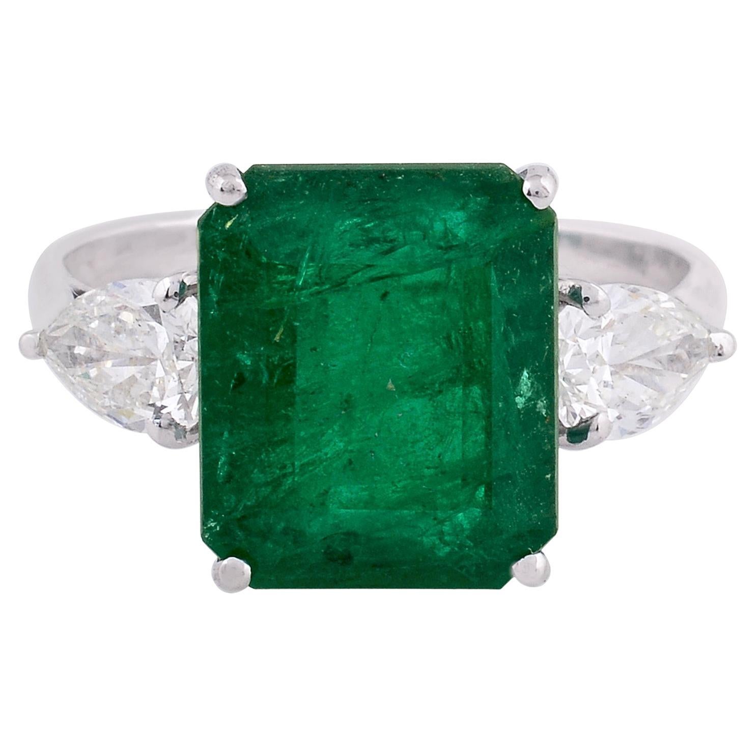 Natural Emerald Gemstone Cocktail Ring Diamond 18k White Gold Handmade Jewelry
