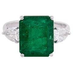 Zambian Emerald Gemstone Cocktail Ring Diamond 18k White Gold Handmade Jewelry