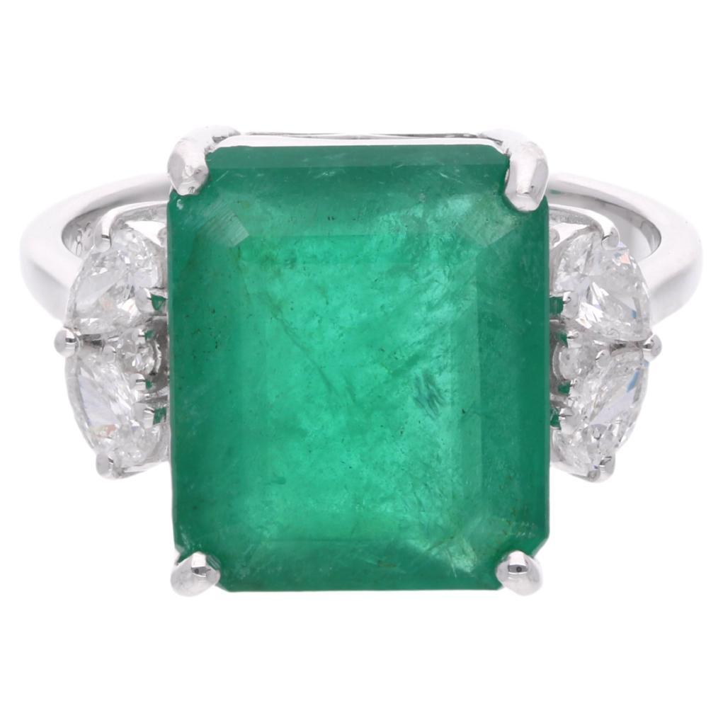 Zambian Emerald Gemstone Cocktail Ring Diamond 18k White Gold Handmade Jewelry