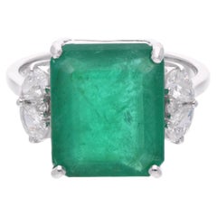 Retro Zambian Emerald Gemstone Cocktail Ring Diamond 18k White Gold Handmade Jewelry