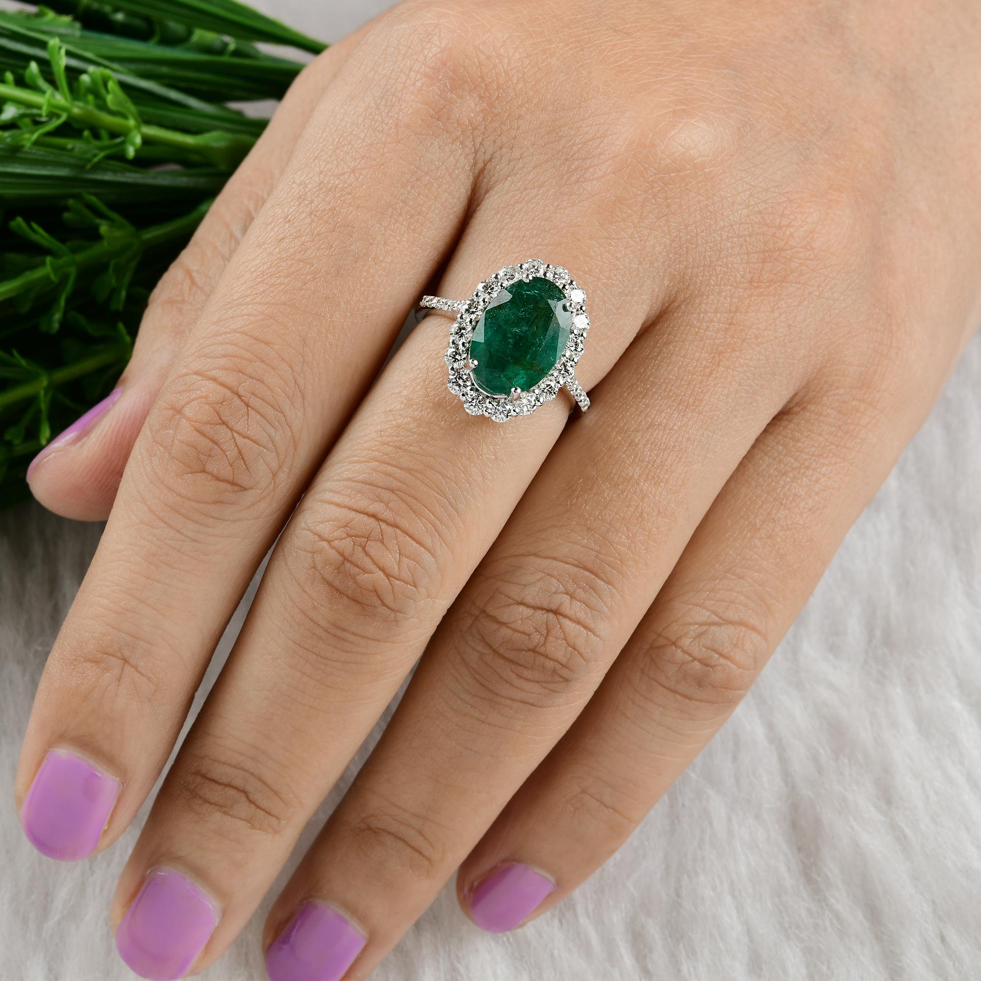 Oval Cut Natural Emerald Gemstone Cocktail Ring Diamond Pave 18 Karat White Gold Jewelry For Sale