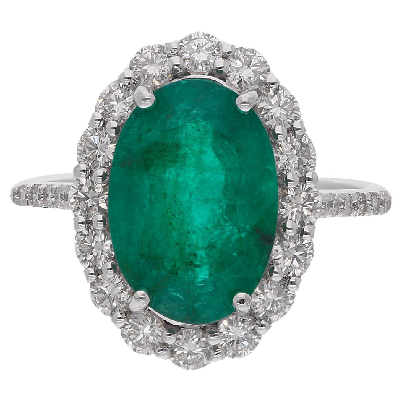 Natural Emerald Gemstone Cocktail Ring Diamond Pave 18 Karat White Gold Jewelry