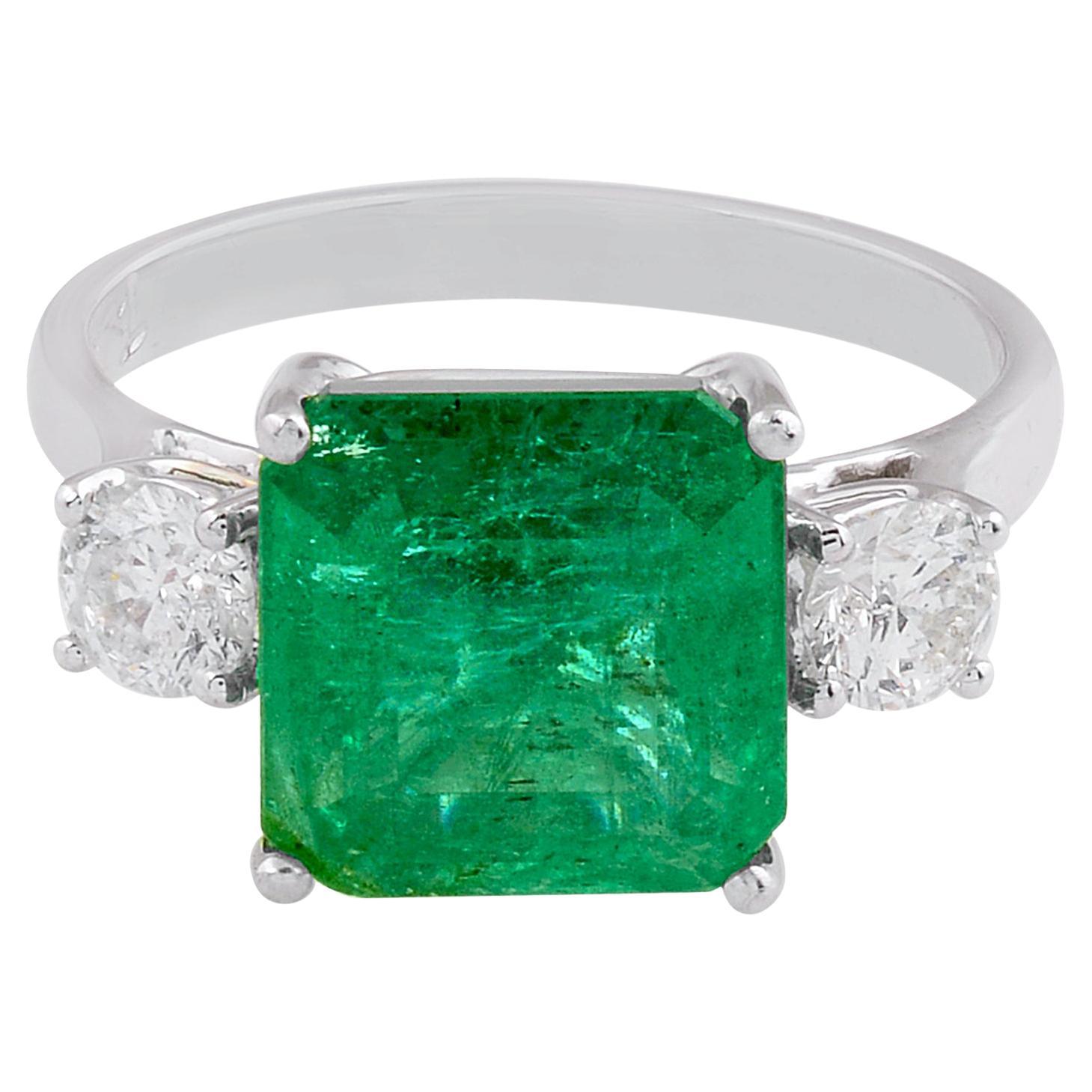 Zambian Emerald Gemstone Cocktail Ring Diamond Solid 18k White Gold Fine Jewelry